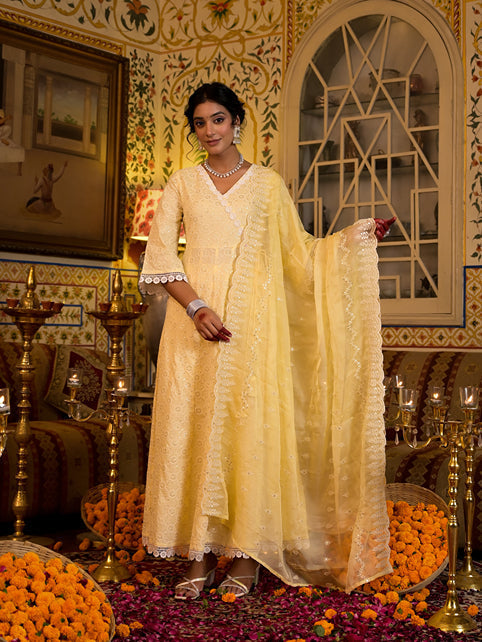 Yellow Pure Cotton Angrakha Anarkali Kurta Trouser With Dupatta Set-Yufta Store-1549SKDYLS