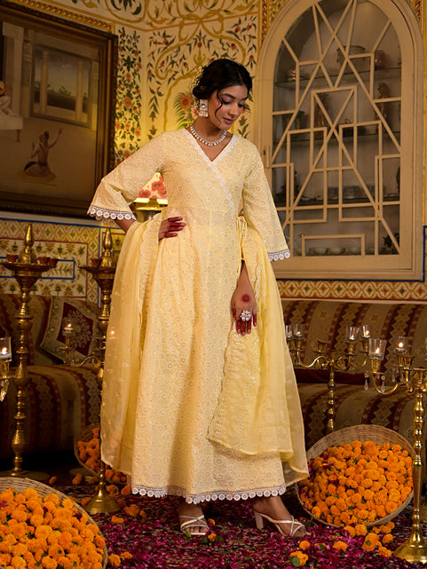 Yellow Pure Cotton Angrakha Anarkali Kurta Trouser With Dupatta Set-Yufta Store-1549SKDYLS