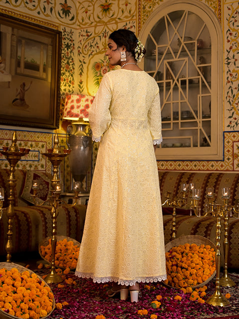 Yellow Pure Cotton Angrakha Anarkali Kurta Trouser With Dupatta Set-Yufta Store-1549SKDYLS