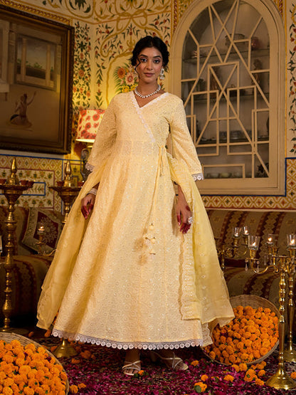 Yellow Pure Cotton Angrakha Anarkali Kurta Trouser With Dupatta Set-Yufta Store-1549SKDYLS