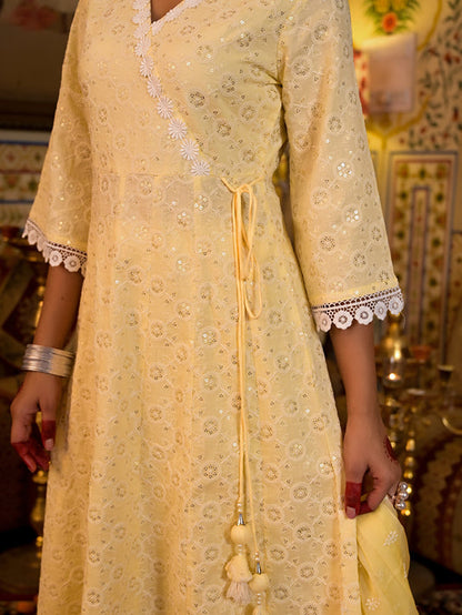 Yellow Pure Cotton Angrakha Anarkali Kurta Trouser With Dupatta Set-Yufta Store-1549SKDYLS