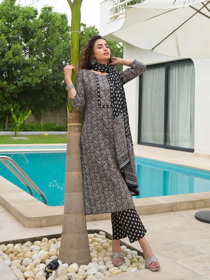 Yufta Embroidered Printed Black Cotton Kurta Set With Dupatta Set-Yufta Store-6880SKDBKS