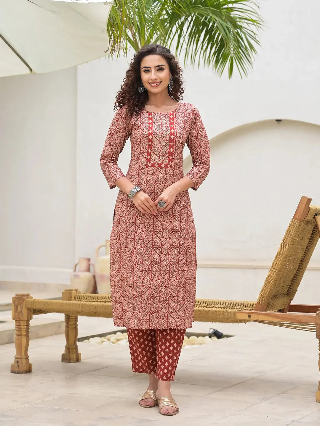 Yufta Embroidered Printed Maroon Cotton Kurta Set With Dupatta Set-Yufta Store-6880SKDMRS