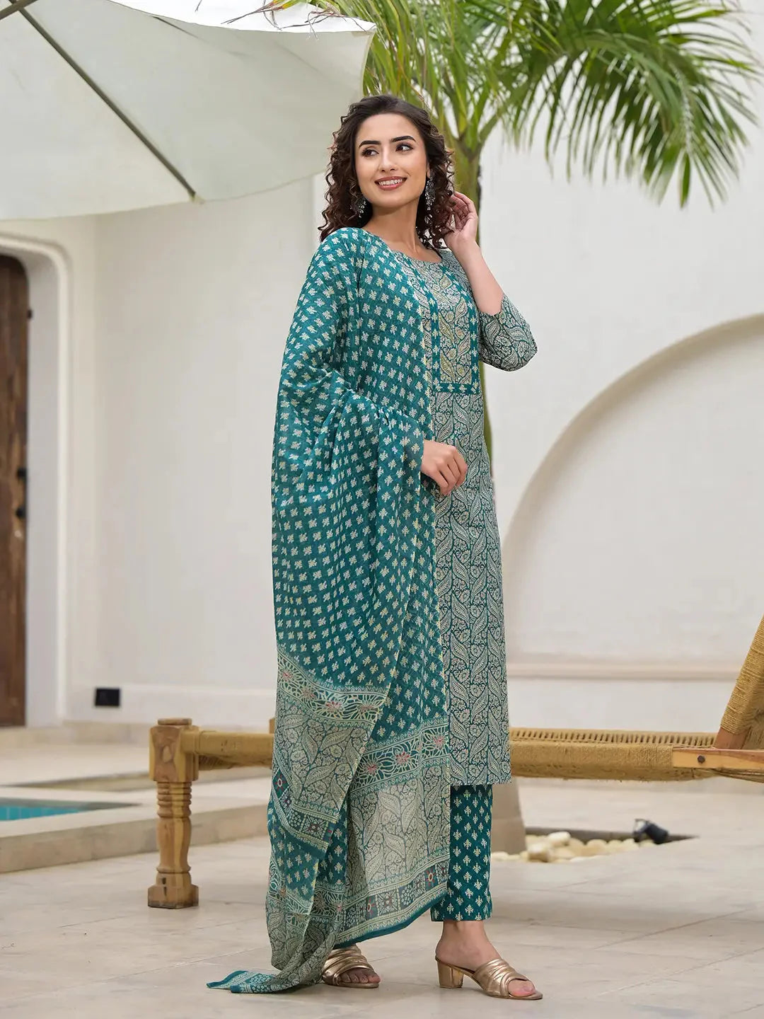 Yufta Embroidered Printed Teal Green Cotton Kurta Set With Dupatta Set-Yufta Store-6880SKDTGS