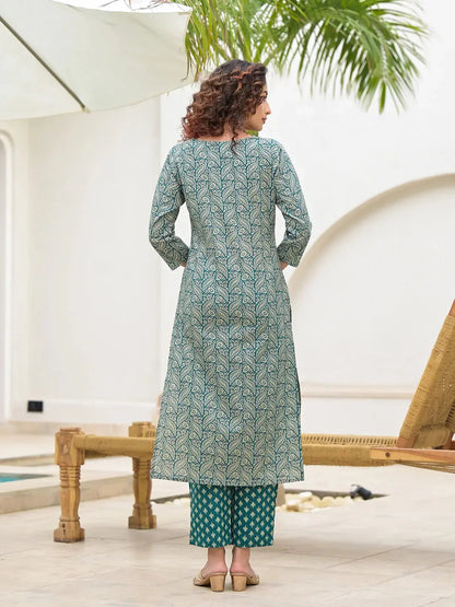 Yufta Embroidered Printed Teal Green Cotton Kurta Set With Dupatta Set-Yufta Store-6880SKDTGS