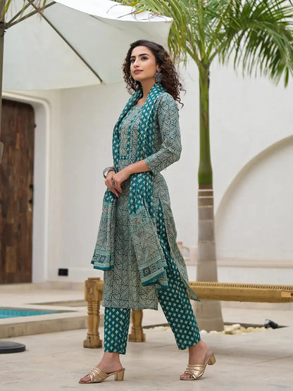 Yufta Embroidered Printed Teal Green Cotton Kurta Set With Dupatta Set-Yufta Store-6880SKDTGS