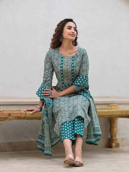 Yufta Embroidered Printed Teal Green Cotton Kurta Set With Dupatta Set-Yufta Store-6880SKDTGS