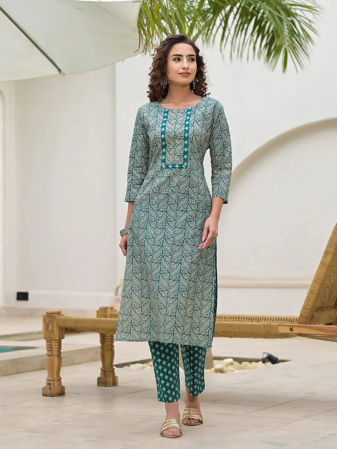 Yufta Embroidered Printed Teal Green Cotton Kurta Set With Dupatta Set-Yufta Store-6880SKDTGS