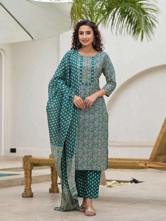 Yufta Embroidered Printed Teal Green Cotton Kurta Set With Dupatta Set-Yufta Store-6880SKDTGS