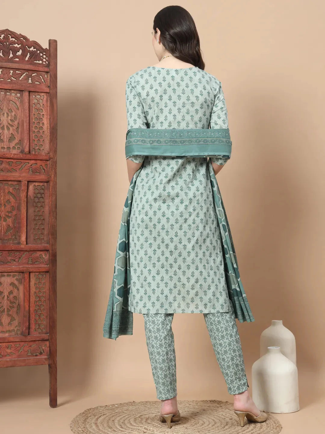 Yufta Green Block Print,Thread_Work Straight Kurta Trouser And Dupatta Set-Yufta Store-1742SKDGRS