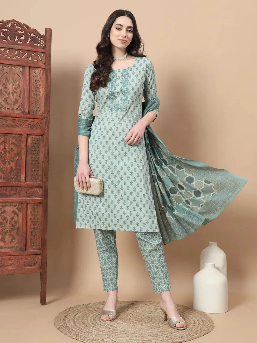 Yufta Green Block Print,Thread_Work Straight Kurta Trouser And Dupatta Set-Yufta Store-1742SKDGRS