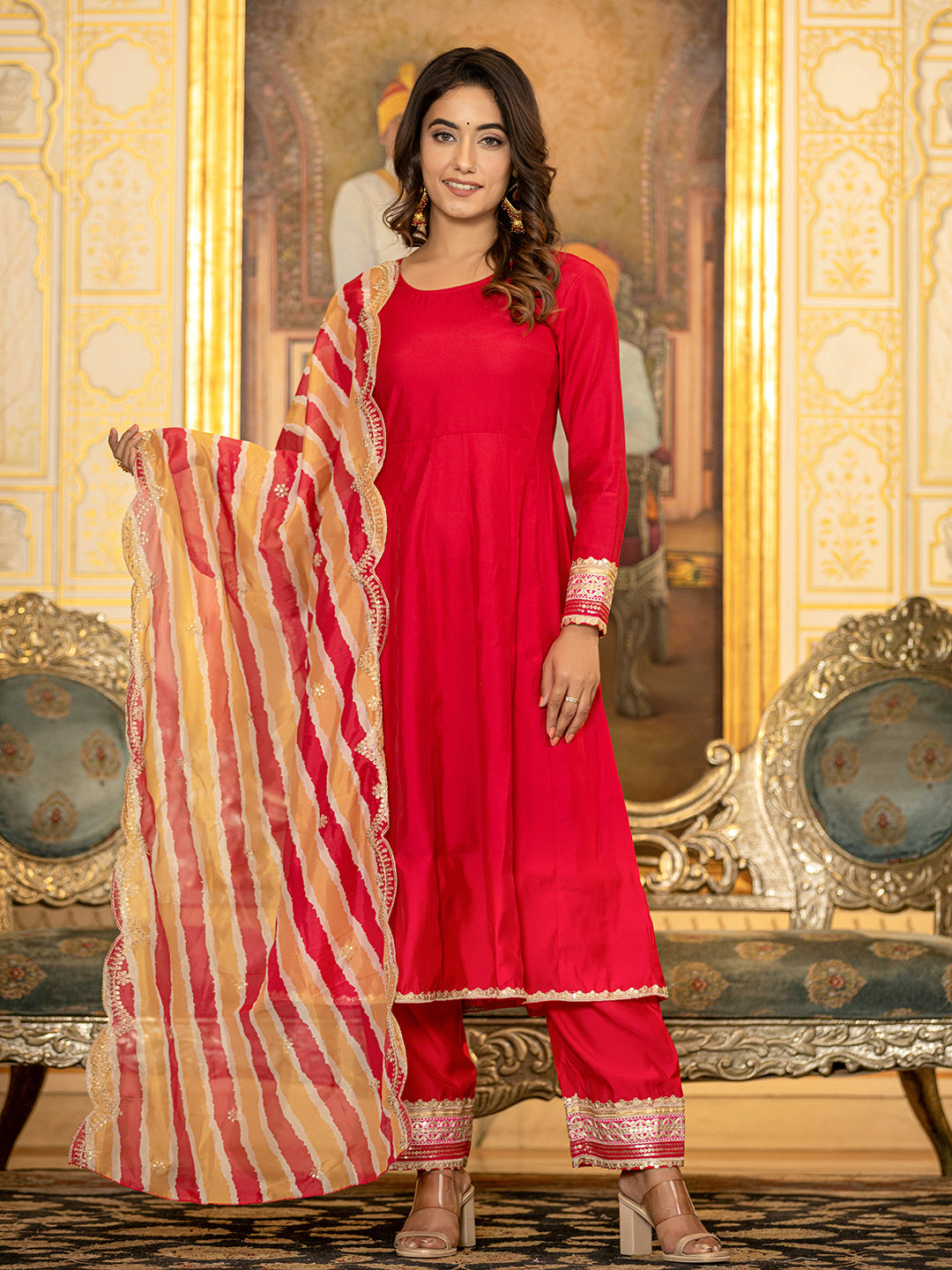 Yufta Hot Pink Solid Anarkali Kurta Trouser And Dupatta Set-Yufta Store-1779SKDHPS