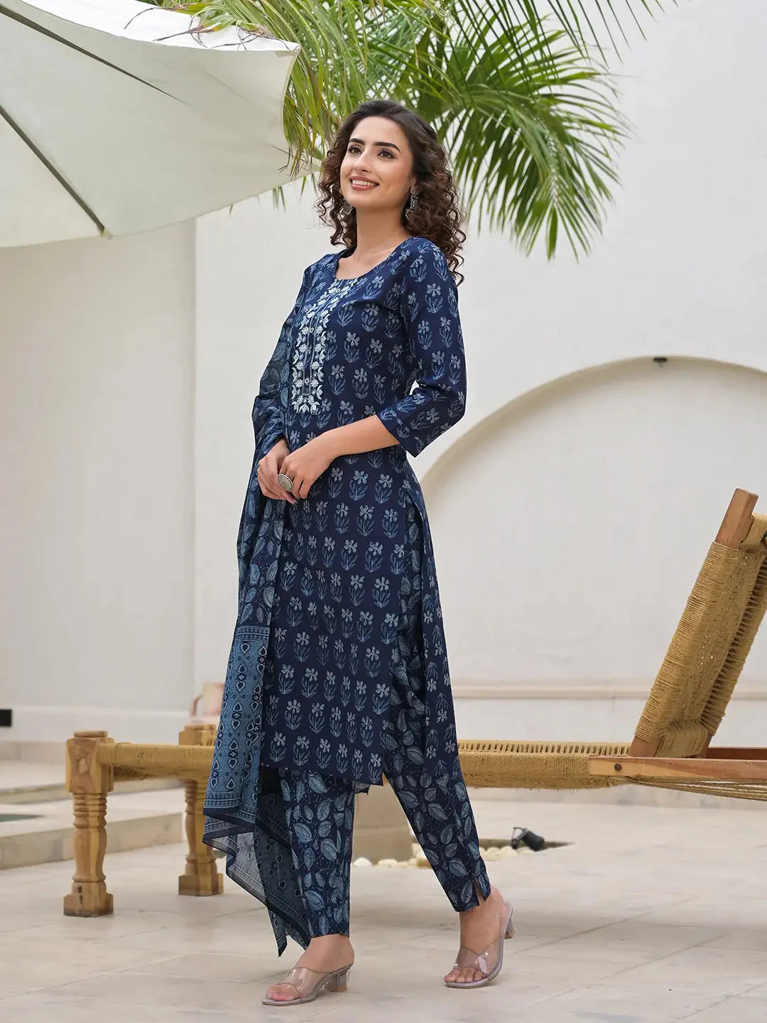 Yufta Indigo Blue Embroidered Cotton Kurta Set With Dupatta Set-Yufta Store-6903SKDBLS