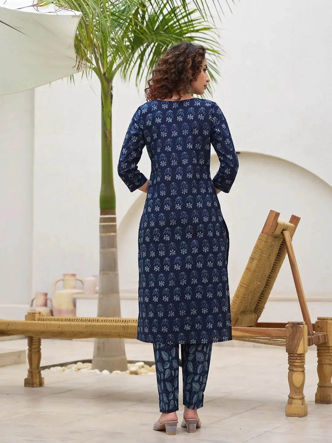 Yufta Indigo Blue Embroidered Cotton Kurta Set With Dupatta Set-Yufta Store-6903SKDBLS