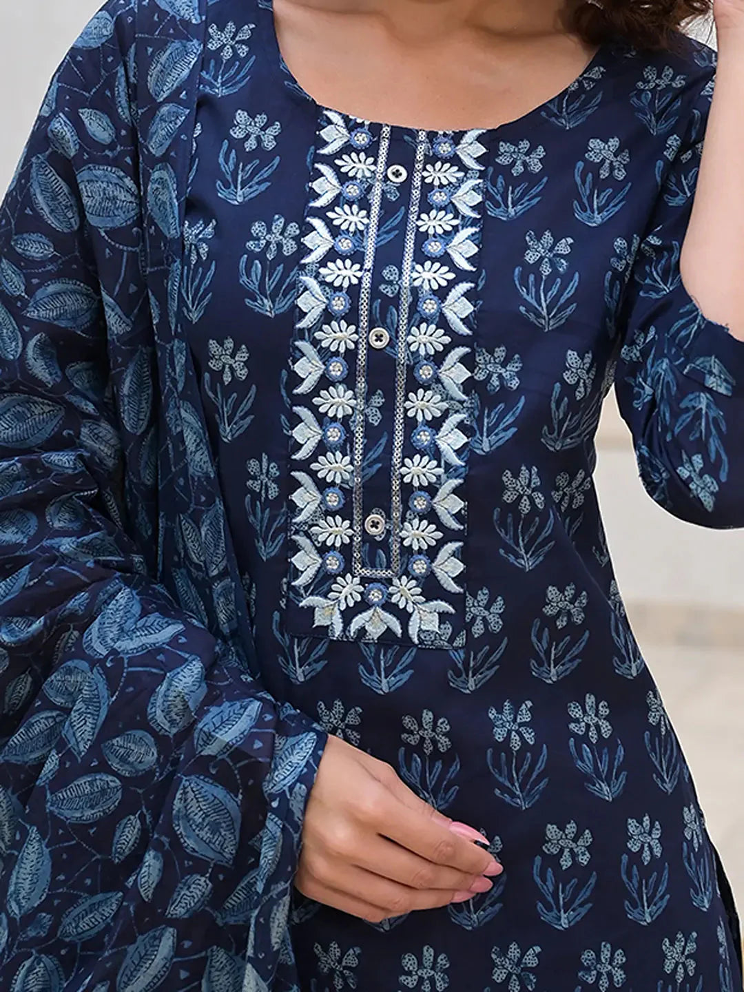 Yufta Indigo Blue Embroidered Cotton Kurta Set With Dupatta Set-Yufta Store-6903SKDBLS