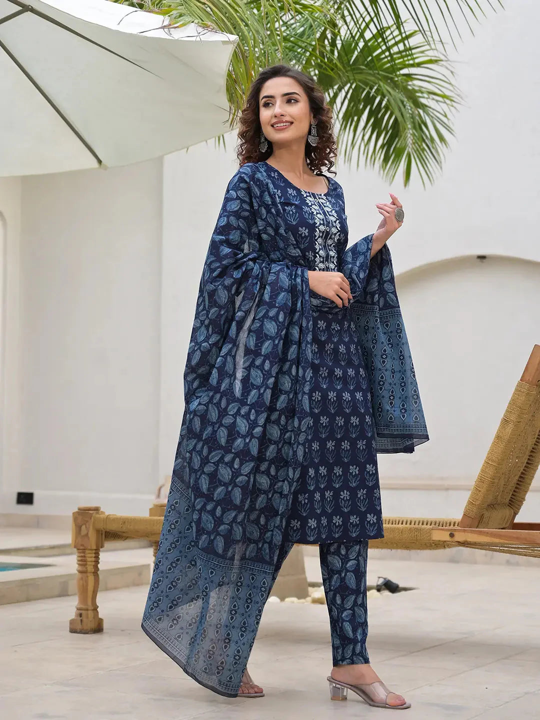 Yufta Indigo Blue Embroidered Cotton Kurta Set With Dupatta Set-Yufta Store-6903SKDBLS