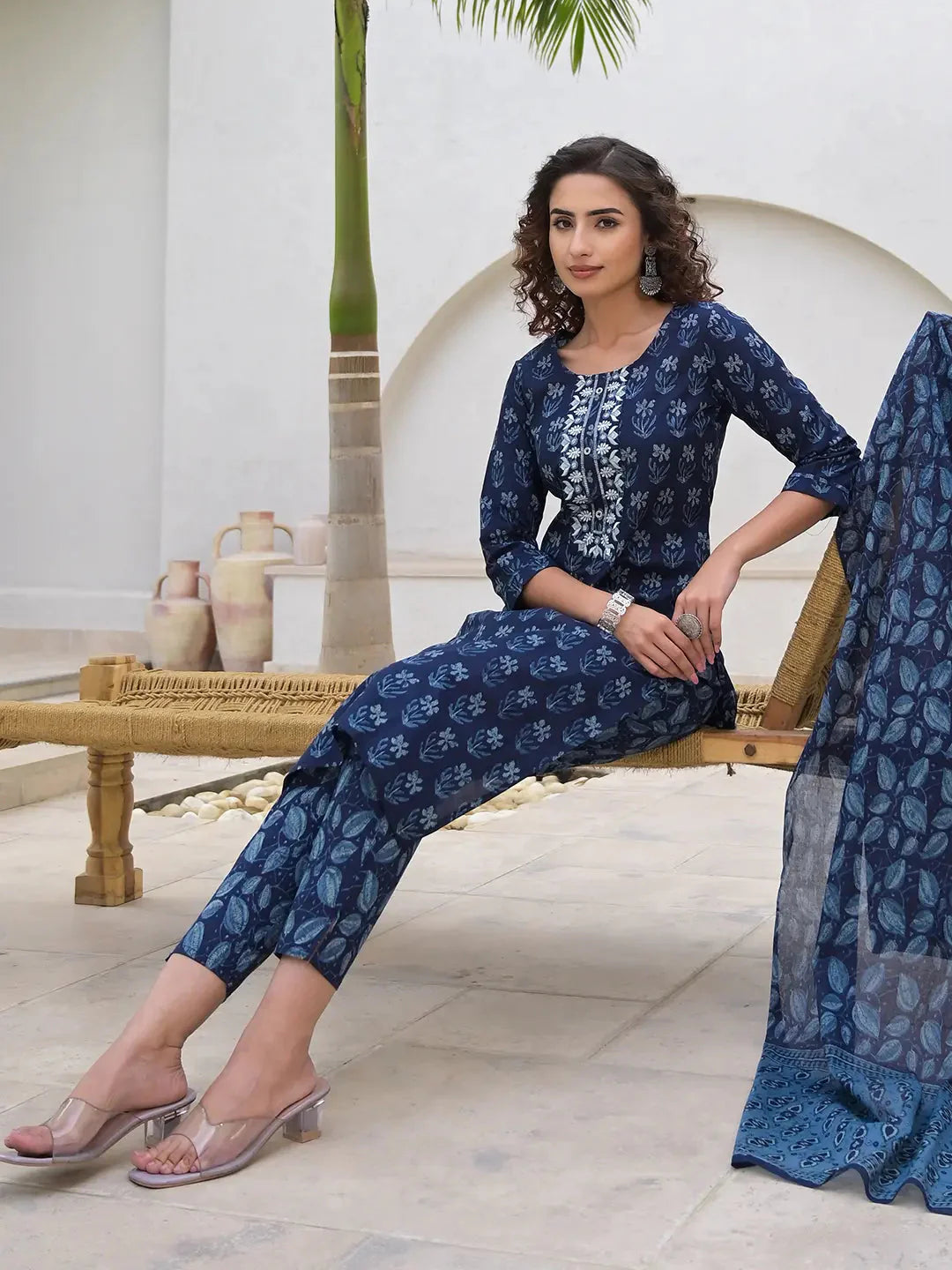 Yufta Indigo Blue Embroidered Cotton Kurta Set With Dupatta Set-Yufta Store-6903SKDBLS