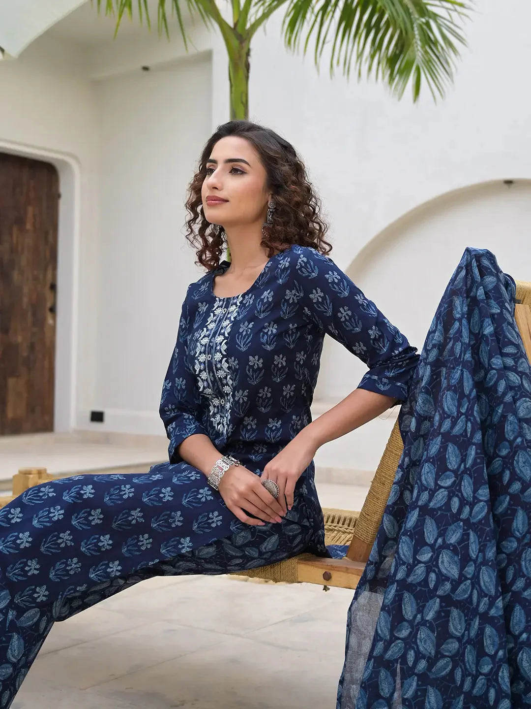 Yufta Indigo Blue Embroidered Cotton Kurta Set With Dupatta Set-Yufta Store-6903SKDBLS