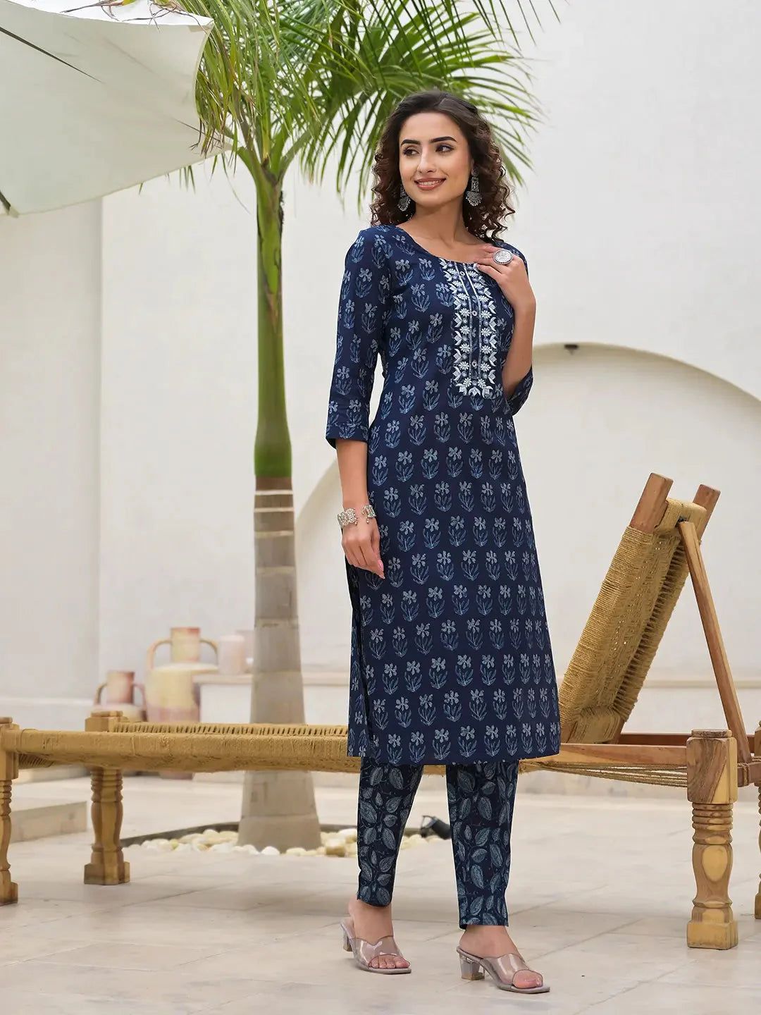 Yufta Indigo Blue Embroidered Cotton Kurta Set With Dupatta Set-Yufta Store-6903SKDBLS