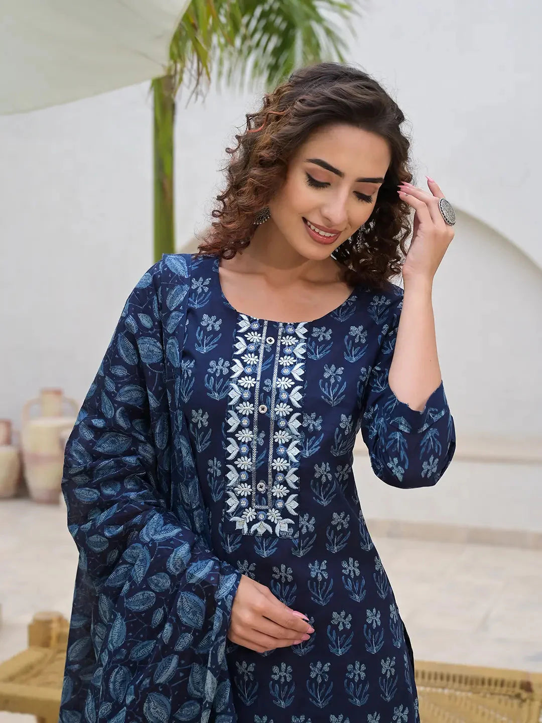 Yufta Indigo Blue Embroidered Cotton Kurta Set With Dupatta Set-Yufta Store-6903SKDBLS