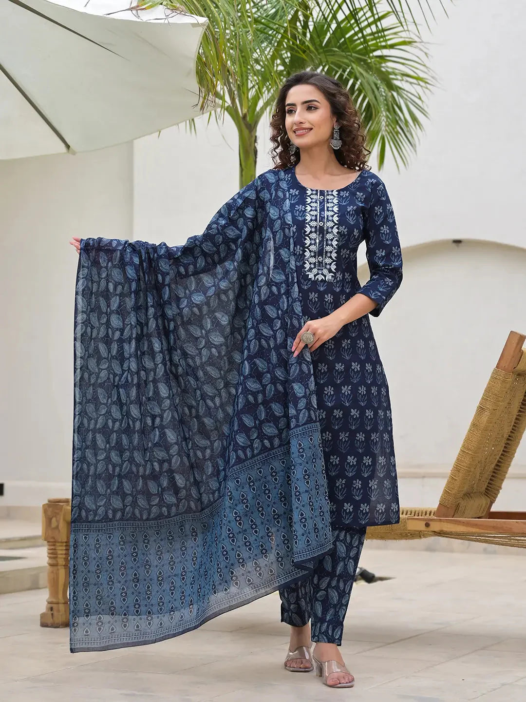 Yufta Indigo Blue Embroidered Cotton Kurta Set With Dupatta Set-Yufta Store-6903SKDBLS