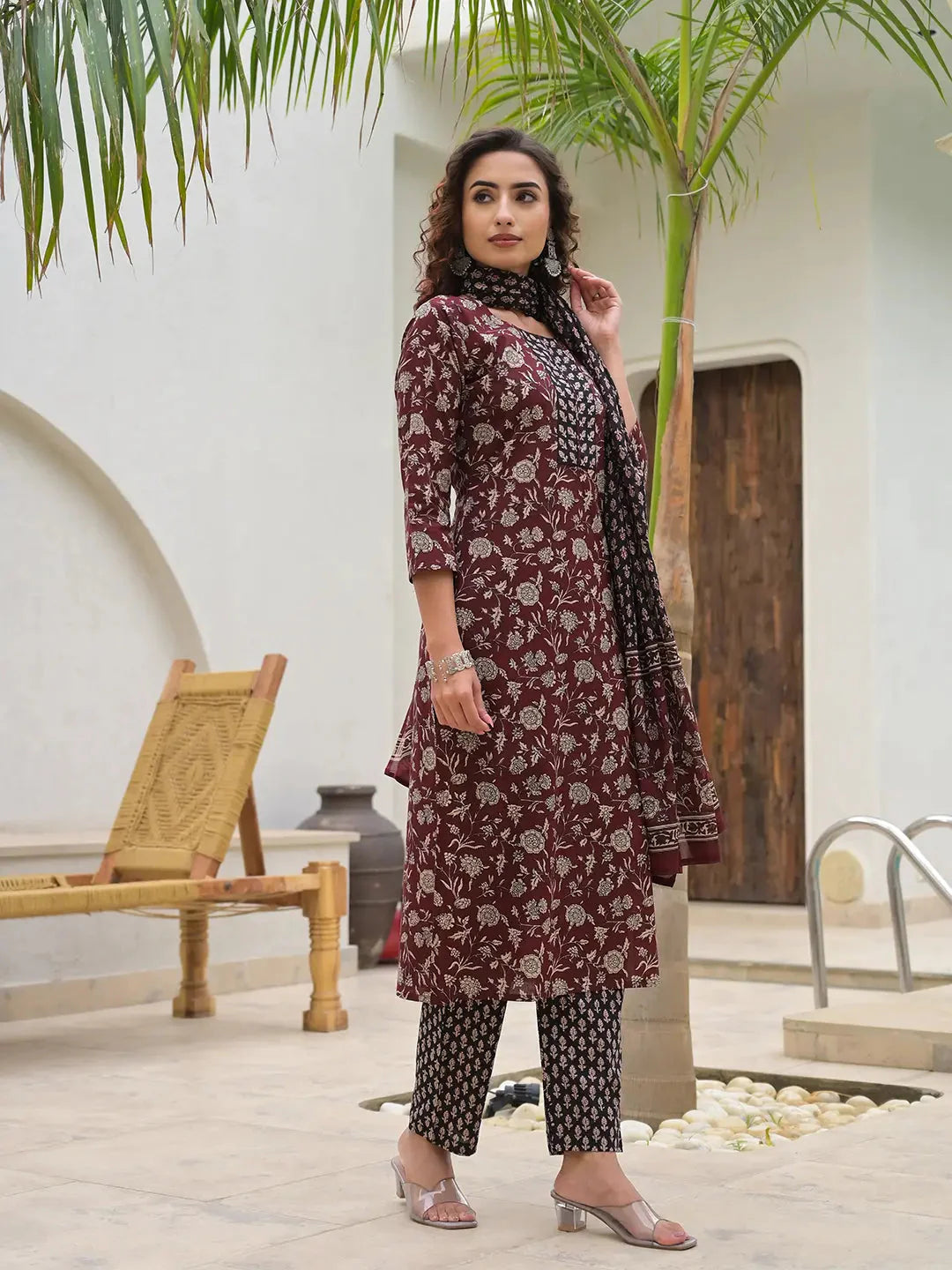 Yufta Piping On Yoke Floral Print Maroon Cotton Kurta Set With Dupatta Set-Yufta Store-6881SKDMRS