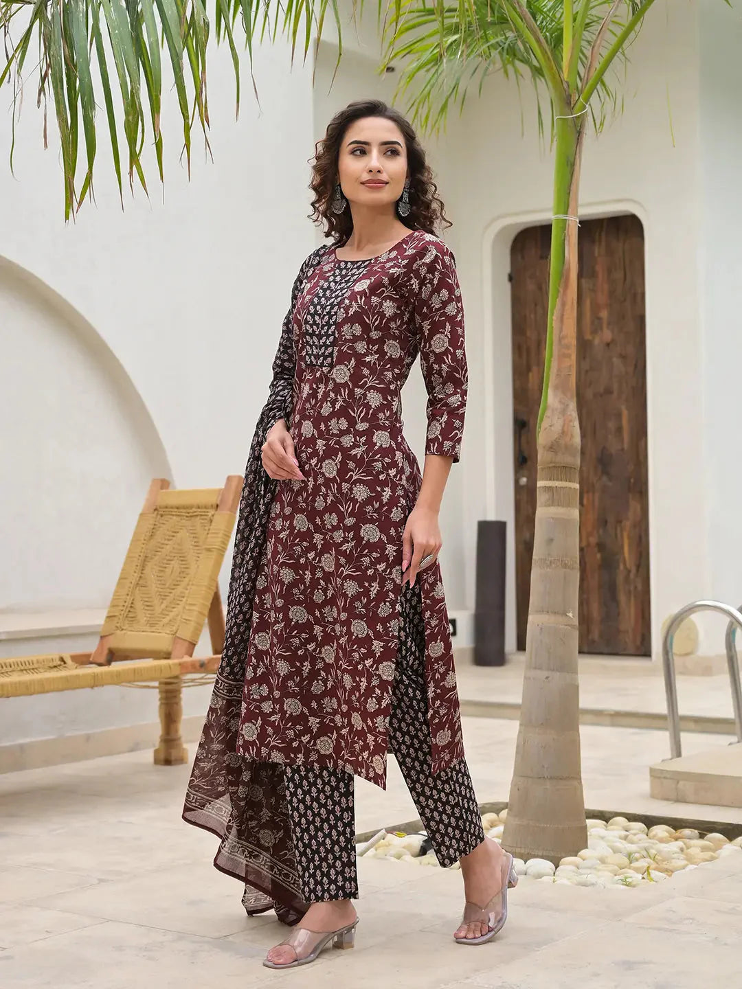 Yufta Piping On Yoke Floral Print Maroon Cotton Kurta Set With Dupatta Set-Yufta Store-6881SKDMRS