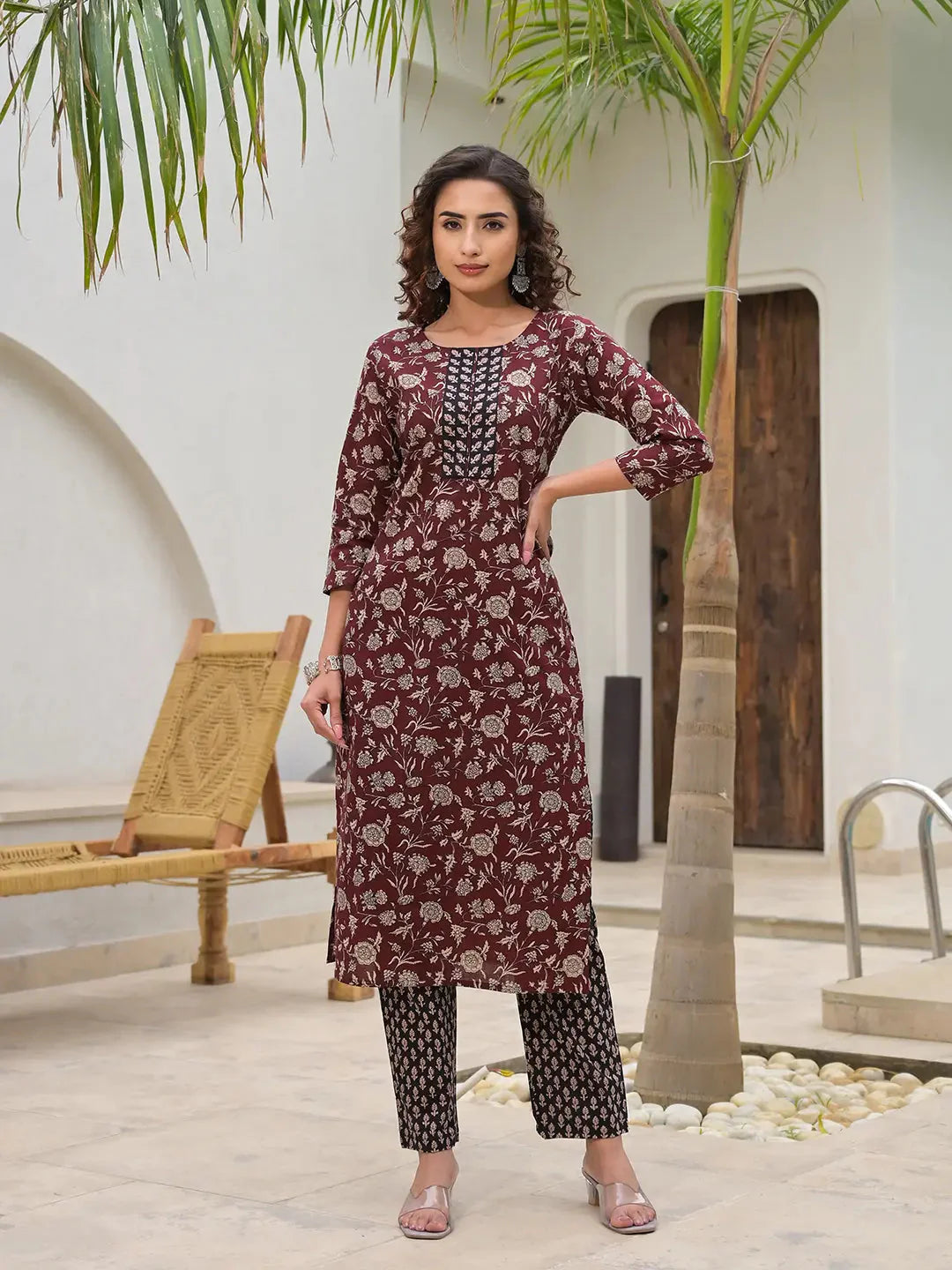 Yufta Piping On Yoke Floral Print Maroon Cotton Kurta Set With Dupatta Set-Yufta Store-6881SKDMRS