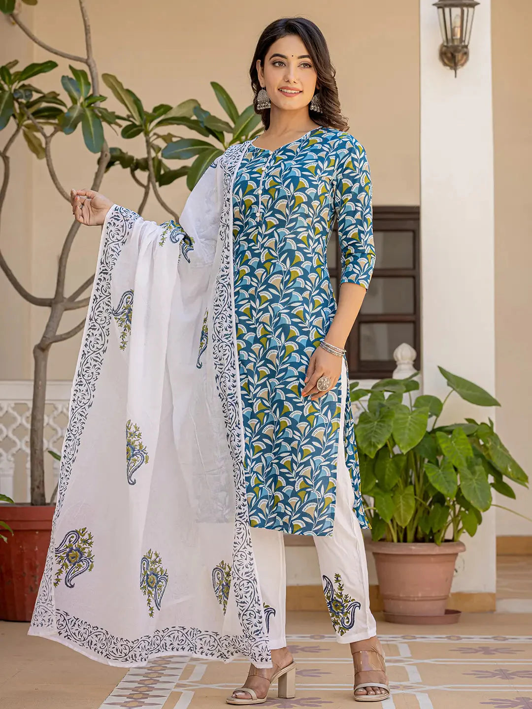 Yufta Turquoise Blue Leaf Print Straight Piping On Yoke Kurta Trouser And Dupatta Set-Yufta Store-6835SKDBLS