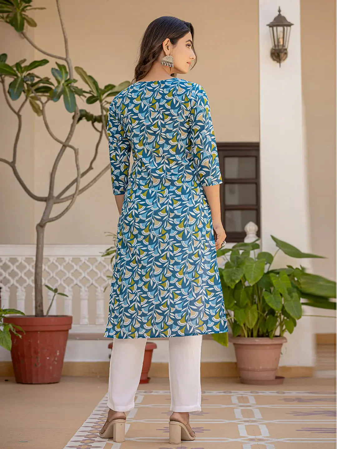 Yufta Turquoise Blue Leaf Print Straight Piping On Yoke Kurta Trouser And Dupatta Set-Yufta Store-6835SKDBLS