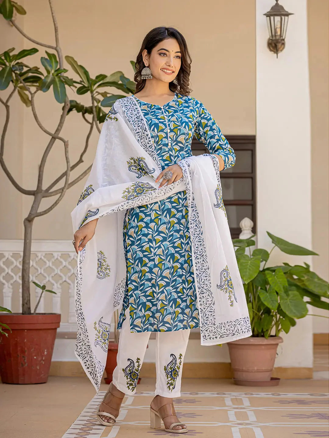 Yufta Turquoise Blue Leaf Print Straight Piping On Yoke Kurta Trouser And Dupatta Set-Yufta Store-6835SKDBLS