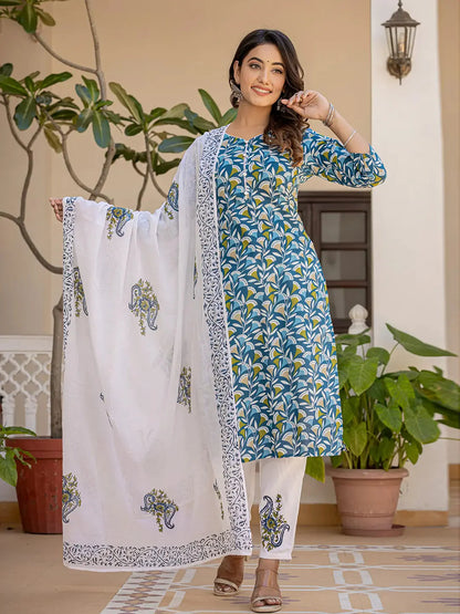 Yufta Turquoise Blue Leaf Print Straight Piping On Yoke Kurta Trouser And Dupatta Set-Yufta Store-6835SKDBLS