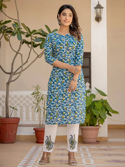 Yufta Turquoise Blue Leaf Print Straight Piping On Yoke Kurta Trouser And Dupatta Set-Yufta Store-6835SKDBLS