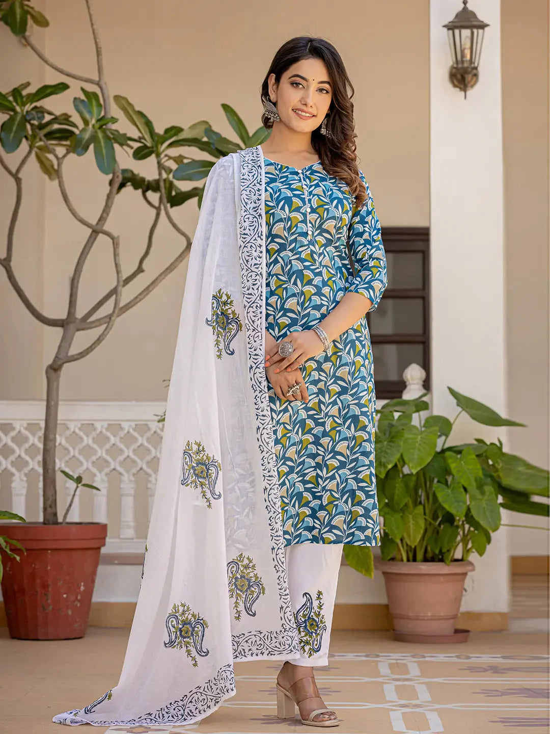 Yufta Turquoise Blue Leaf Print Straight Piping On Yoke Kurta Trouser And Dupatta Set-Yufta Store-6835SKDBLS