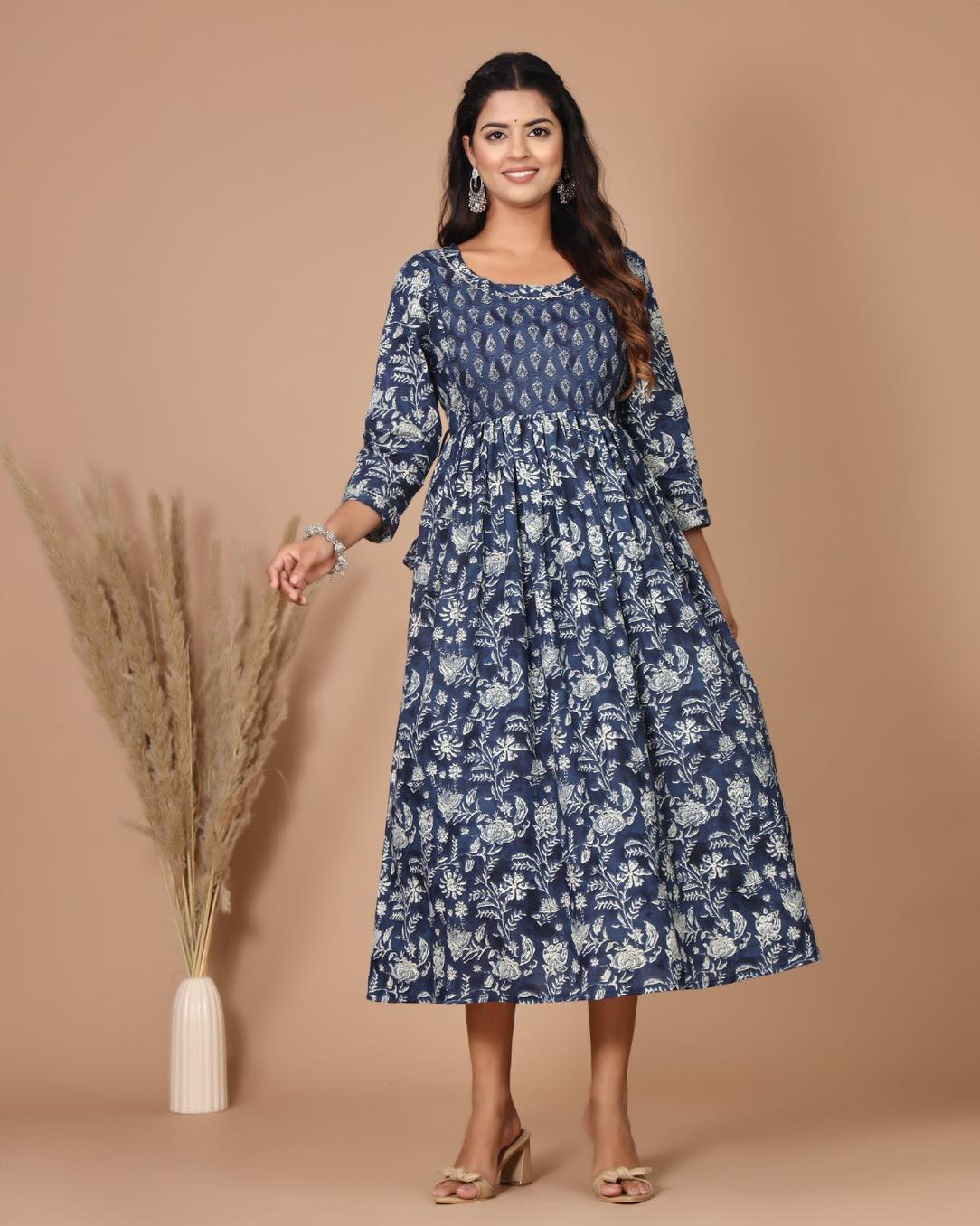 Blue Cotton Maternity (Feeding gown) Kurti with side dori