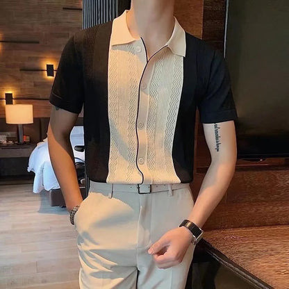 Summer Men's Knitted Lapel Short Sleeve T-shirt Blouse Fashion British Style