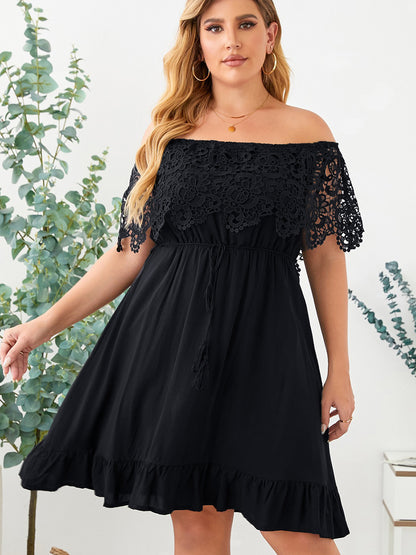 Black Lace Sleeve Stitching Dress Off-shoulder Ruffled Skirt