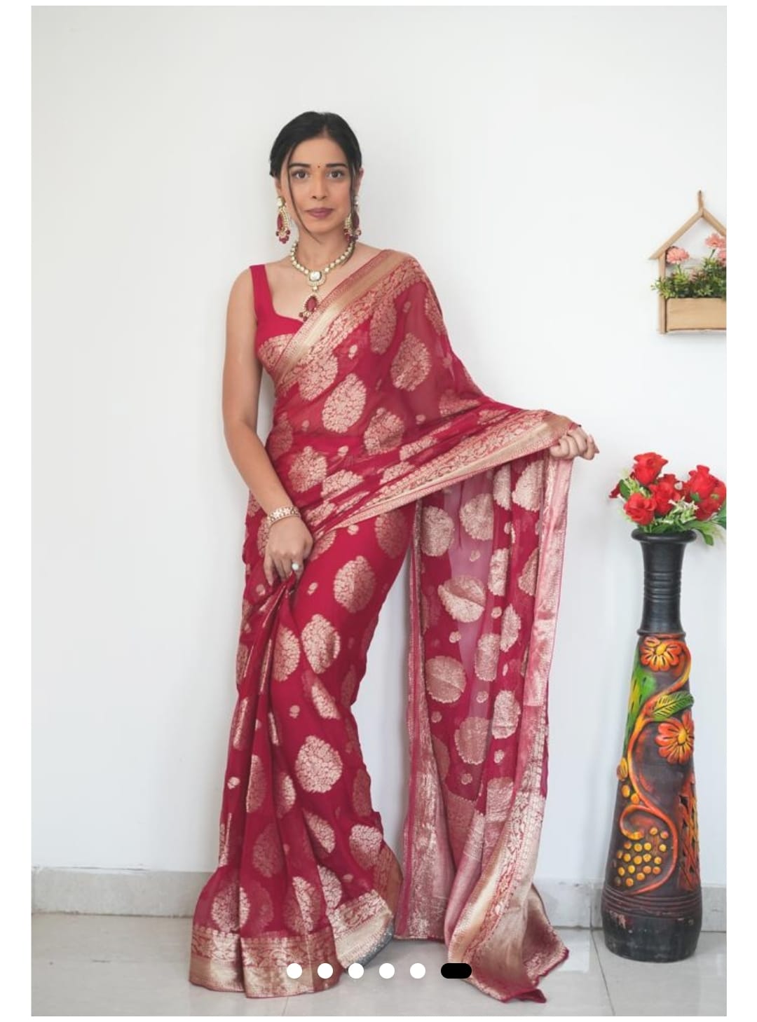 Red Soft Cotton Silk Ready To Wear Saree