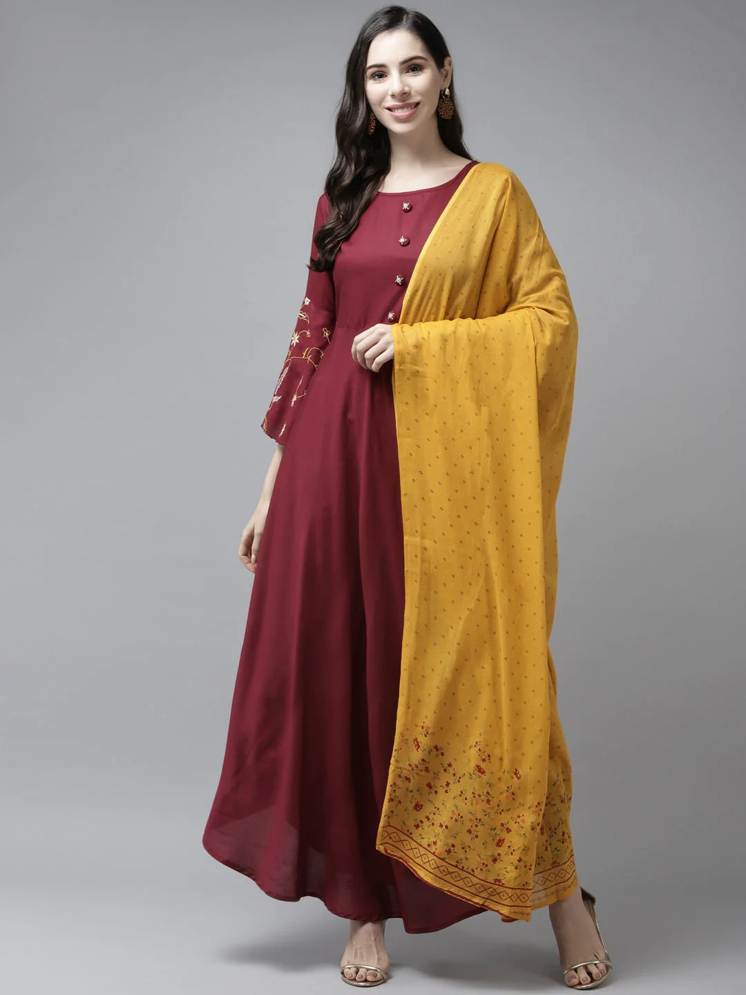 Maroon & Mustard Maxi Dress & Suit Sets