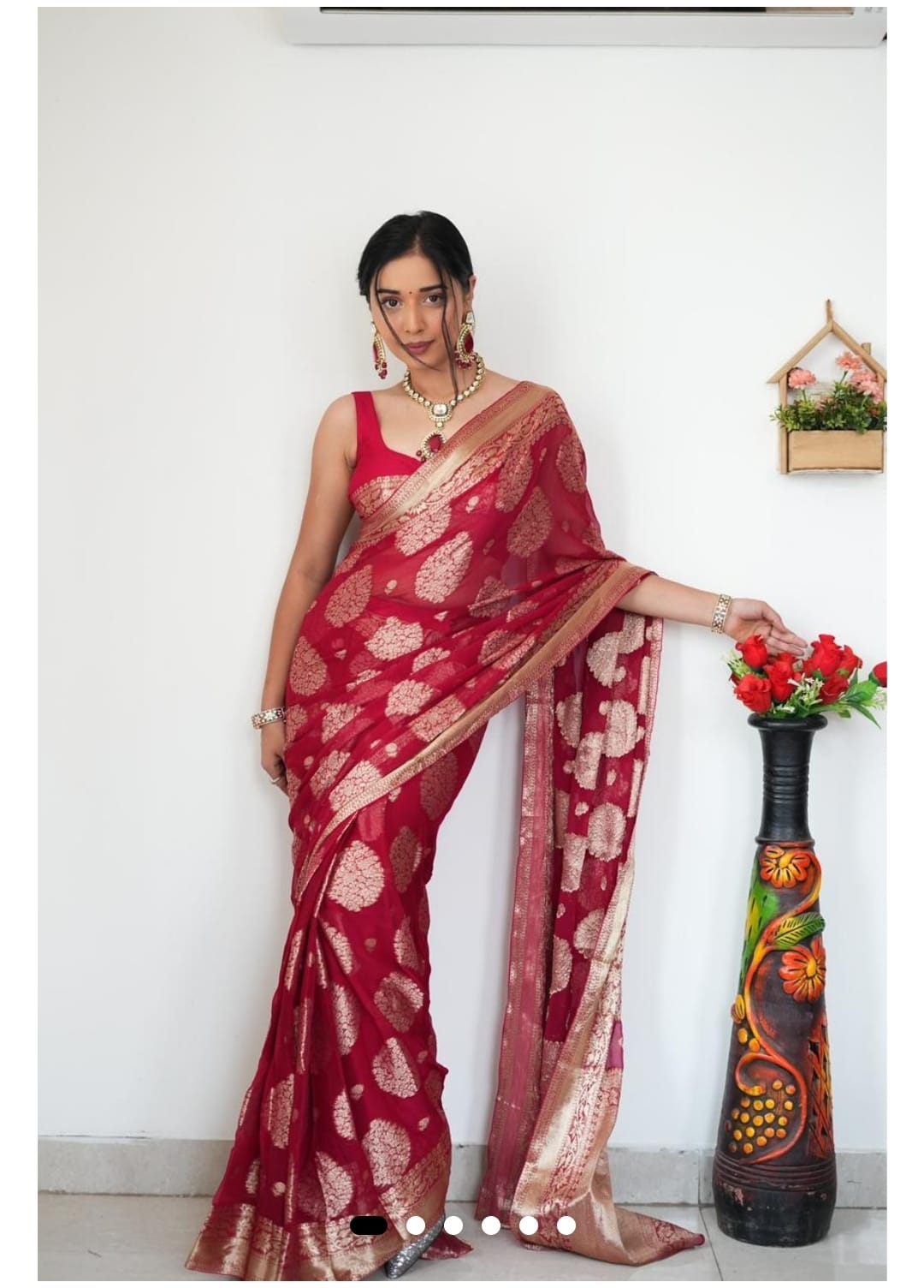 Red Soft Cotton Silk Ready To Wear Saree