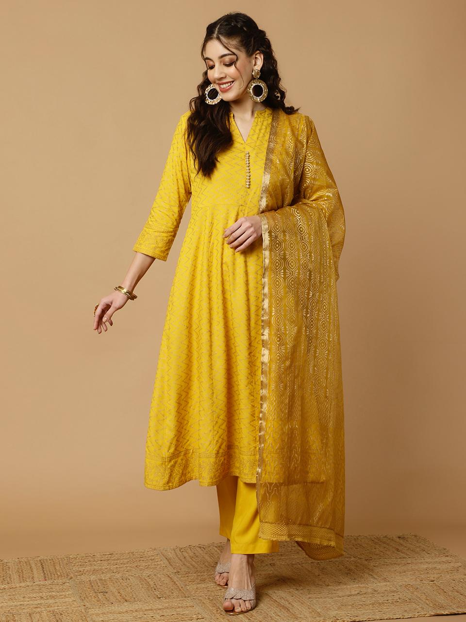 Mustard Zigzag Printed Anarkali Kurta With Pants And Dupatta