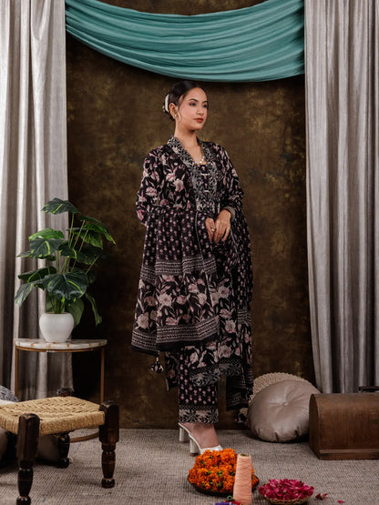 Black Floral Print Pure Cotton Beads Straight Kurta Dupatta Set With Lace Detailing