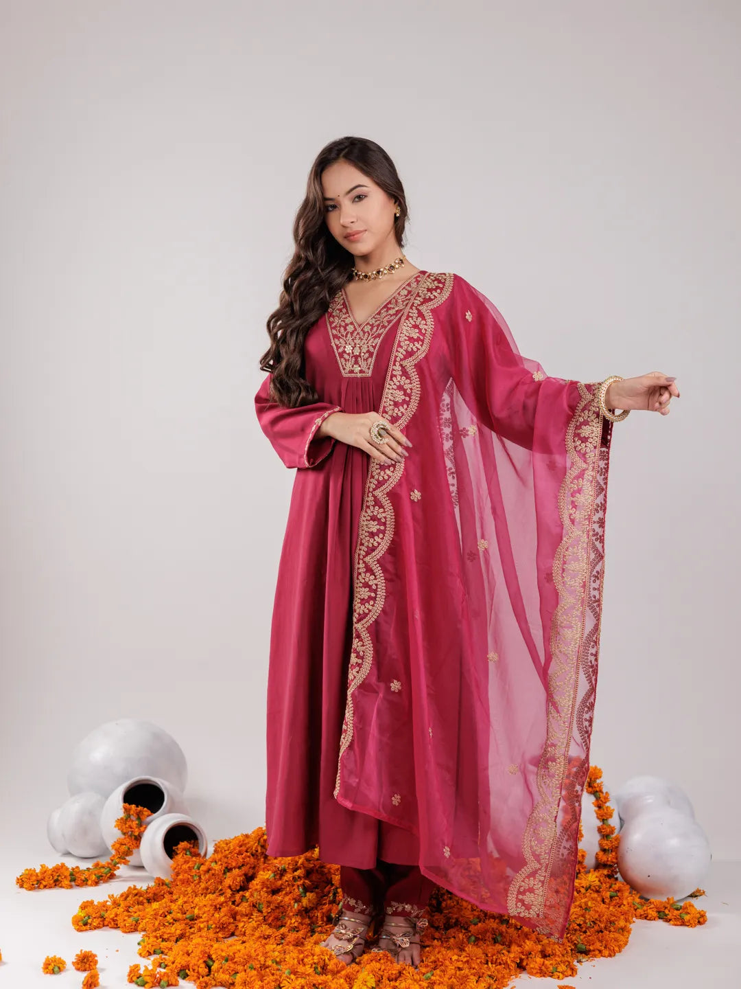 Hot Pink Silk Embroidered Kurta Dupatta Set