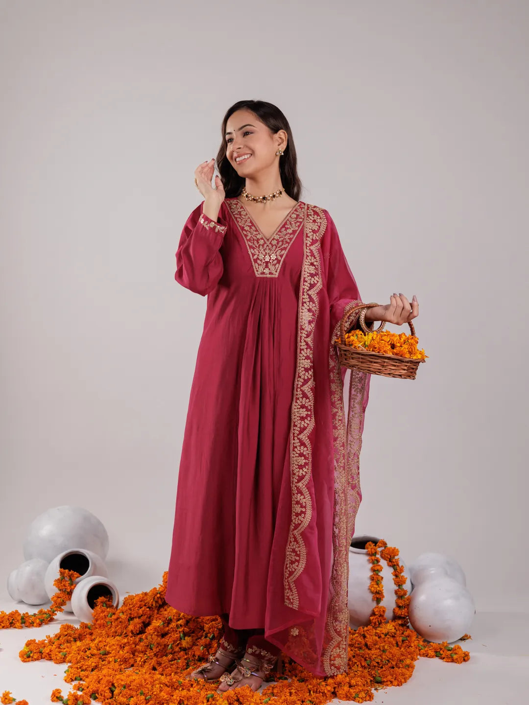 Hot Pink Silk Embroidered Kurta Dupatta Set