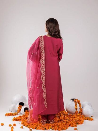 Hot Pink Silk Embroidered Kurta Dupatta Set