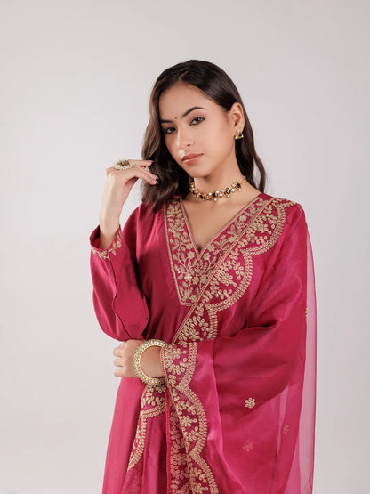 Hot Pink Silk Embroidered Kurta Dupatta Set