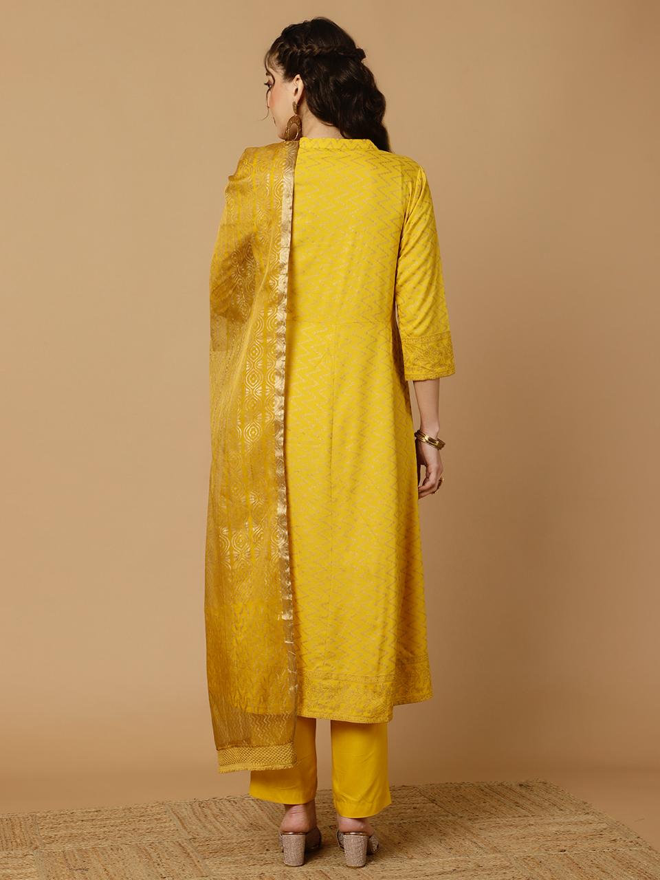 Mustard Zigzag Printed Anarkali Kurta With Pants And Dupatta