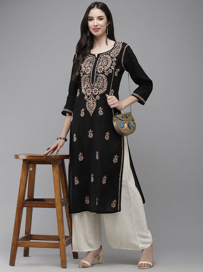 Hand Embroidered Black Cotton Lucknow Chikankari Straight Kurta