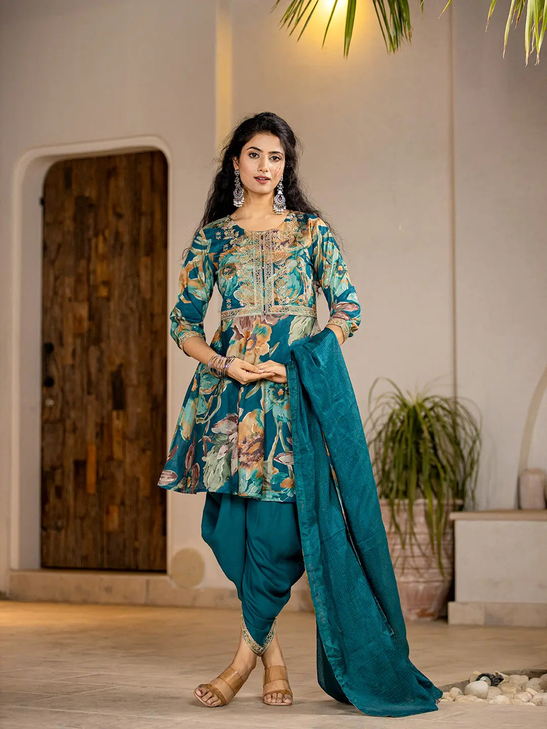 Cotton Teal Blue Zari_Work Kurta Dhoti Dupatta Set-Yufta Store-1921SKDTBS