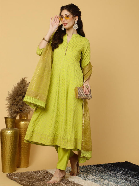 Lime Green Zigzag Printed Anarkali Kurta With Pants And Dupatta